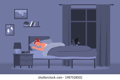 Girl sleeping in bed, healthy sleep at night, sweet dreamsof young woman lying in bedroom