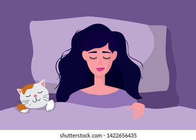 
Girl sleeping in bed with her cat. Vector illustration in flat cartoon style.