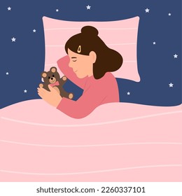 The girl sleeping in bed. A kid lying on a pillow and covered with a blanket.Vector illustration