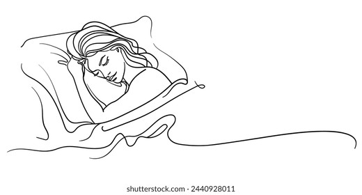 Chica durmiendo en la cama arte dibujo aislado sobre fondo blanco. Blanco y negro, ilustración vectorial