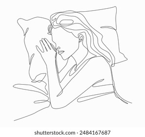 Girl sleeping in bed line art drawing,  vector illustration.