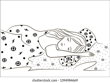  Girl sleeping in a bed. Bed linen with a floral abstract print. Scalable and editable vector illustration. Can be used in advertising fabric and bedding.
