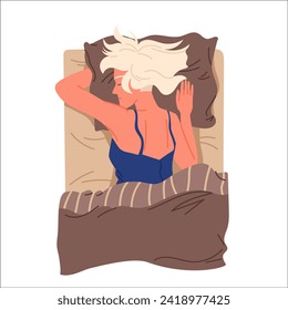 Girl sleeping in bed at night, bedroom top view. Young woman lying on belly and hugging cozy pillow to sleep with sweet dreams, female character napping in bedtime cartoon vector illustration