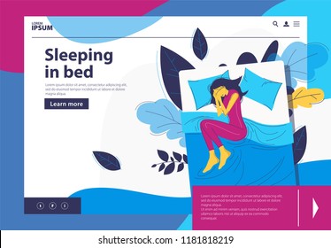 Girl sleeping in bed at night, on the background of leaves and plants.landing page design template