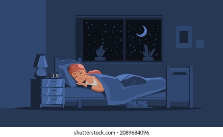 Girl Sleeping In Bed. Night Scene With Young Woman Resting In Her Bedroom. Dream And Relax On Mattress With Pillow And Blanket. Person Lying On Bunk. Dark Room. Vector Illustration