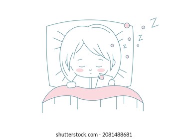 Girl sleeping in bed with a phone outline illustration. The female character fell asleep while surfing the internet concept. Modern cute manga girl head resting on a pillow. Vector kawaii isolated.