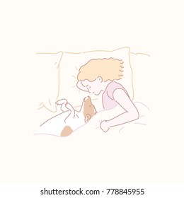 Girl sleeping in bed and puppy concept hand drawn style vector doodle design illustrations 