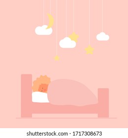 A girl sleeping in bed. The room is decorated with stars, clouds and the moon