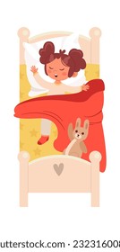 Girl Sleeping In Bed With Toy Vector Illustration