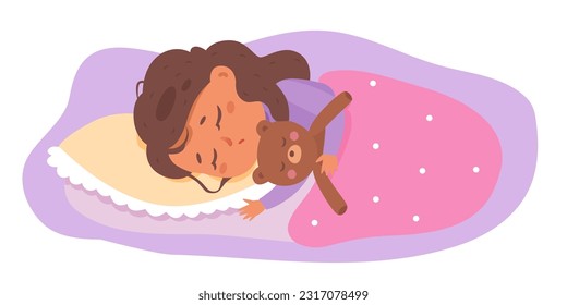 Girl sleeping in bed vector illustration. Cartoon isolated happy cute asleep baby kid lying on soft mattress and pillow, under blanket to rest, hug teddy bear, calm sleep of child in night bedroom