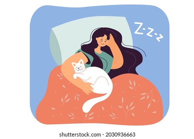 Girl sleeping in bed with white cat. Flat vector illustration. Young woman relaxing in comfortable bed, lying under duvet, hugging her beloved pet, dreaming. Pet, animal, home, comfort, rest concept