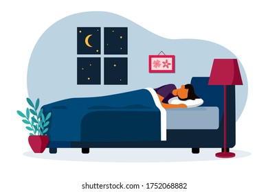 Girl Sleeping Bedroom On Bed Night Stock Vector (Royalty Free ...