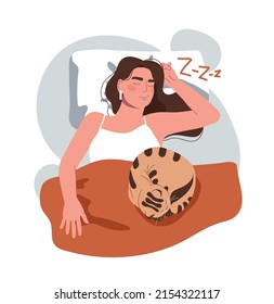 Girl sleeping with cat. Comfort and coziness in house, recuperation and dreams. Hostess resting with her beloved pet. Recovery after work and character in bed. Cartoon flat vector illustration