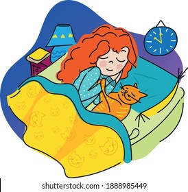 
girl sleeping with cat at night.