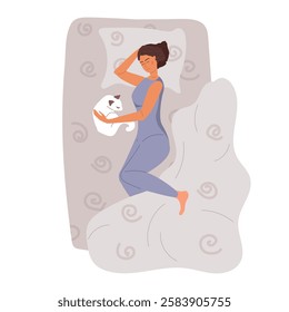 Girl sleeping with cat. Girl with pajamas sleeping in her bed, sweet dreams. Time for yourself, healthcare, rest. Comfort and coziness in apartment or room. Cartoon Vector illustration in Flat style