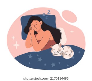 Girl sleeping with cat. Woman lies on bed with her pet, character in bedroom rests at night and recuperates. Comfort and coziness in apartment or room, dreams. Cartoon flat vector illustration