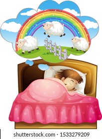 Girl sleeping and counting sheeps in dream illustration