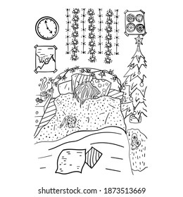 A girl sleeping in cozy bedroom interior decorated with Christmas decor, garlands and fir tree. Coloring book page.