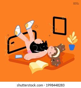 Girl sleeping with dog in bed, Relaxing, Everyday Routines, Respite.color vector illustration in flat style.