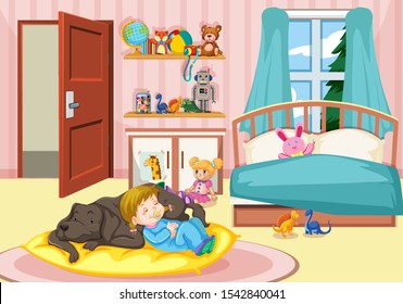 Girl sleeping with dog in bedroom illustration