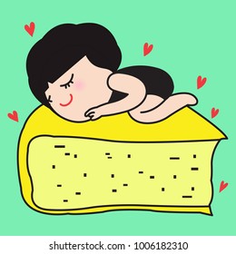Girl Sleeping And Dreaming On Cheese. Concept Of Cheese Lover Card Character illustration