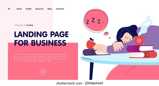 Girl sleeping during studying. Tired girl napping next to books and cup of hot beverage. Taking rest. Education concept for banner, website design or landing web page