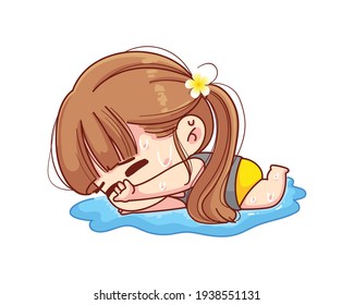 The girl was sleeping exhausted, sweating over her body. cartoon illustration