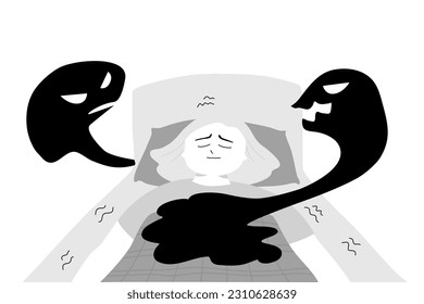 A girl sleeping and get nightmare and sleep paralysis, isomnia concept. Flat vector illustration.	