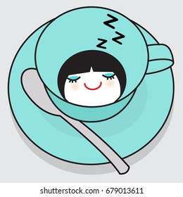 Girl Sleeping Happily In The Bottom Of Empty Coffee Mug Cup Concept Card Character illustration