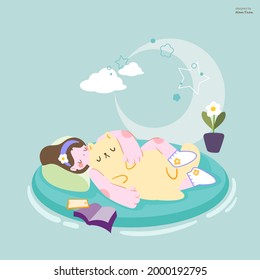 Girl sleeping hug Soft Plush cat Pillow in bed, Relaxing, Everyday Routines, Respite.color vector illustration in flat style.