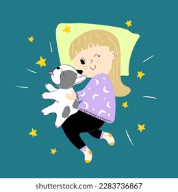 Girl sleeping hugging her pet.Friends girl and dog sleeping hugging.Cute vector illustration.And perfect for design.Children's print