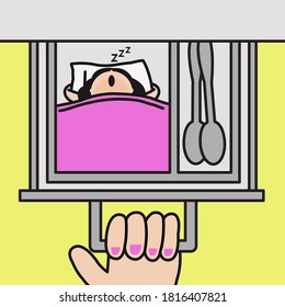 Girl Sleeping In A Kitchen Cutlery Drawer While Someone’s Hand Pulling Open It Concept Card Character illustration