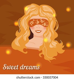 Girl in sleeping mask. Woman with flowing hair. Not disturb. Cartoon character. Vector illustration.