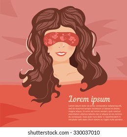 Girl in sleeping mask. Woman with flowing hair. Not disturb. Cartoon character. Vector illustration.