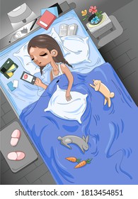 a girl sleeping nicely with her pet rabbits, vector illustration