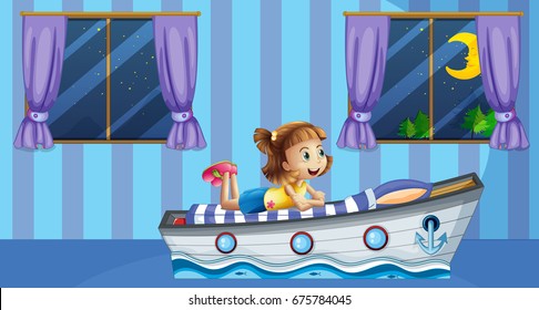 Girl sleeping on bed in blue room illustration