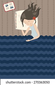 girl sleeping on bed, covered with sea blanket