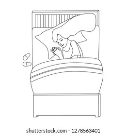 A girl is sleeping on the bed.Cozy bed.Hand drawing on white background.Vector illustration of character coloring page.Sketch of young sleeping woman,Hand drawn vector linear illustration.
