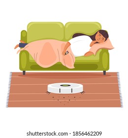 Girl sleeping on the couch robot vacuum cleaner works. Carpet cleaning. Modern wireless equipment for cleaning the apartment. Vector flat illustration