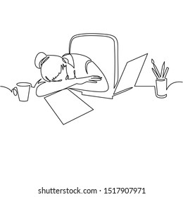 Girl sleeping on desk continuous one line drawing . Tired woman, freelancer leaning on table cartoon character. Exhausted student, teenager outline vector illustration. Young girl, lady relaxing