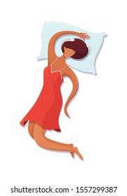 Girl sleeping on her back vector illustration. Female brunette sleeper cartoon character lying on blue pillow. Sleeping woman flat drawing isolated on white background. Bedtime concept