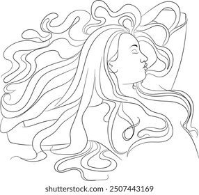 Girl Sleeping on her long hair, Hand drawn in thin line style