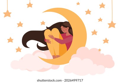 Girl sleeping on moon. Character resting among stars. Childhood dreams. Delicate bedroom on clouds. Graphic elements for websites. Cartoon flat vector illustrations isolated on white background