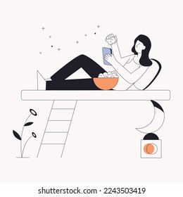 Girl sleeping on moon, line illustration 