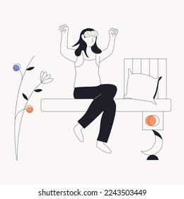 Girl sleeping on moon, line illustration 