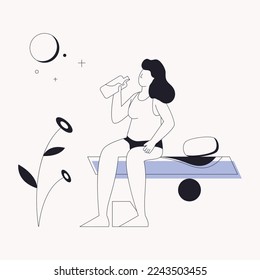 Girl sleeping on moon, line illustration 