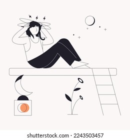 Girl sleeping on moon, line illustration 