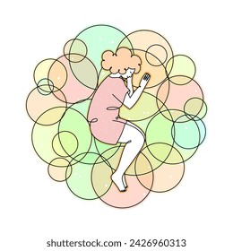Girl sleeping on multi-colored bubbles isolated on white