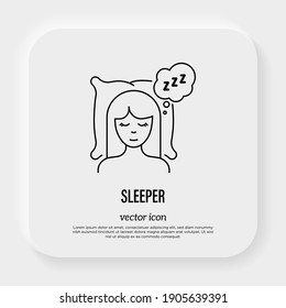 Girl Sleeping On Pillow With Zzz Symbol In Speech Bubble. Relaxation. Thin Line Icon. Vector Illustration.