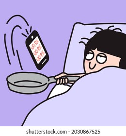 Girl is Sleeping On Side In Bed And Waking Up With Alarm Clock Smartphone That Is Cooked In A Pan Hold In Her Hand Concept Card Character illustration
